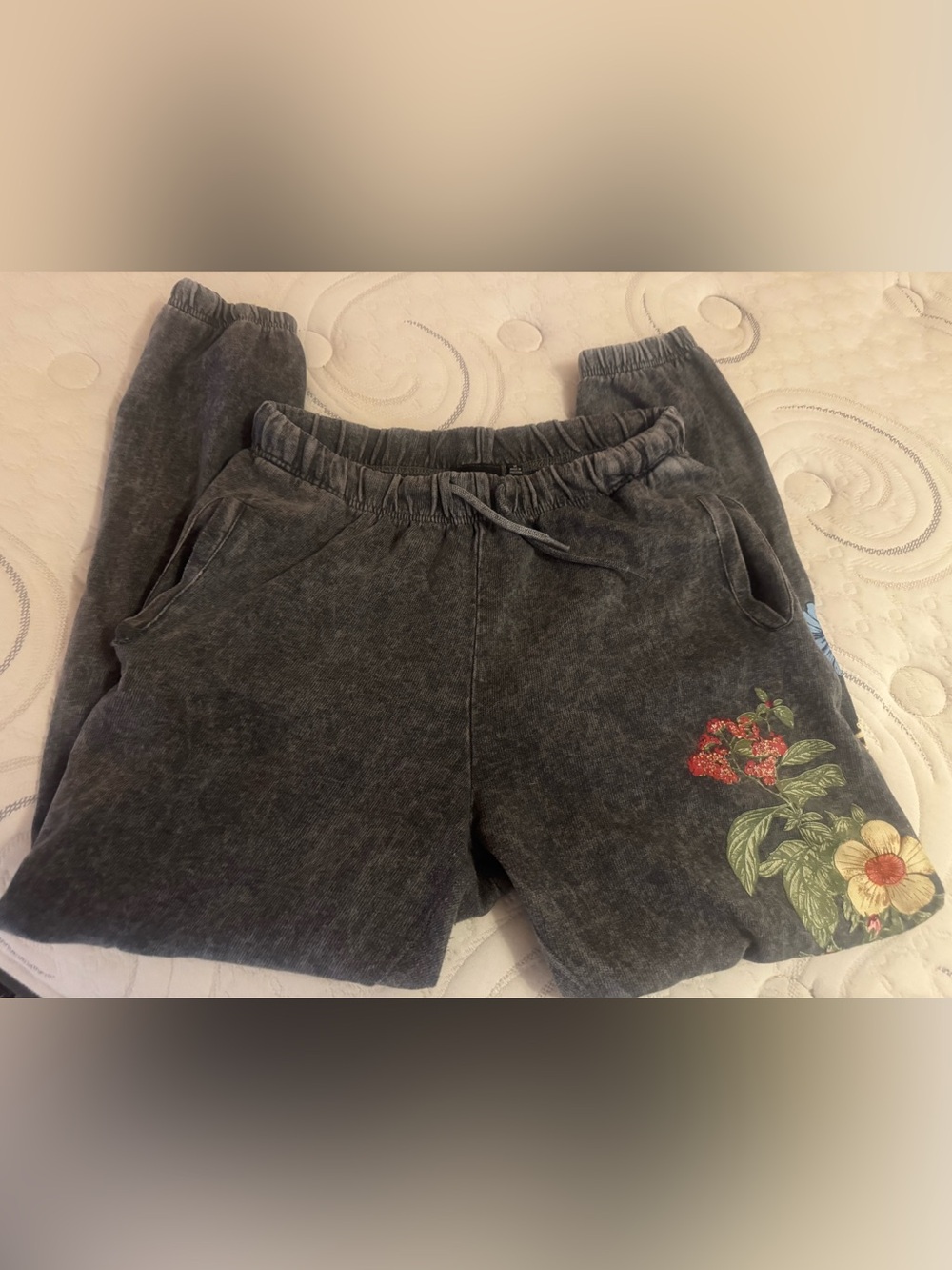 Chemistry Charcoal Gray Track Joggers with Floral Embroidery